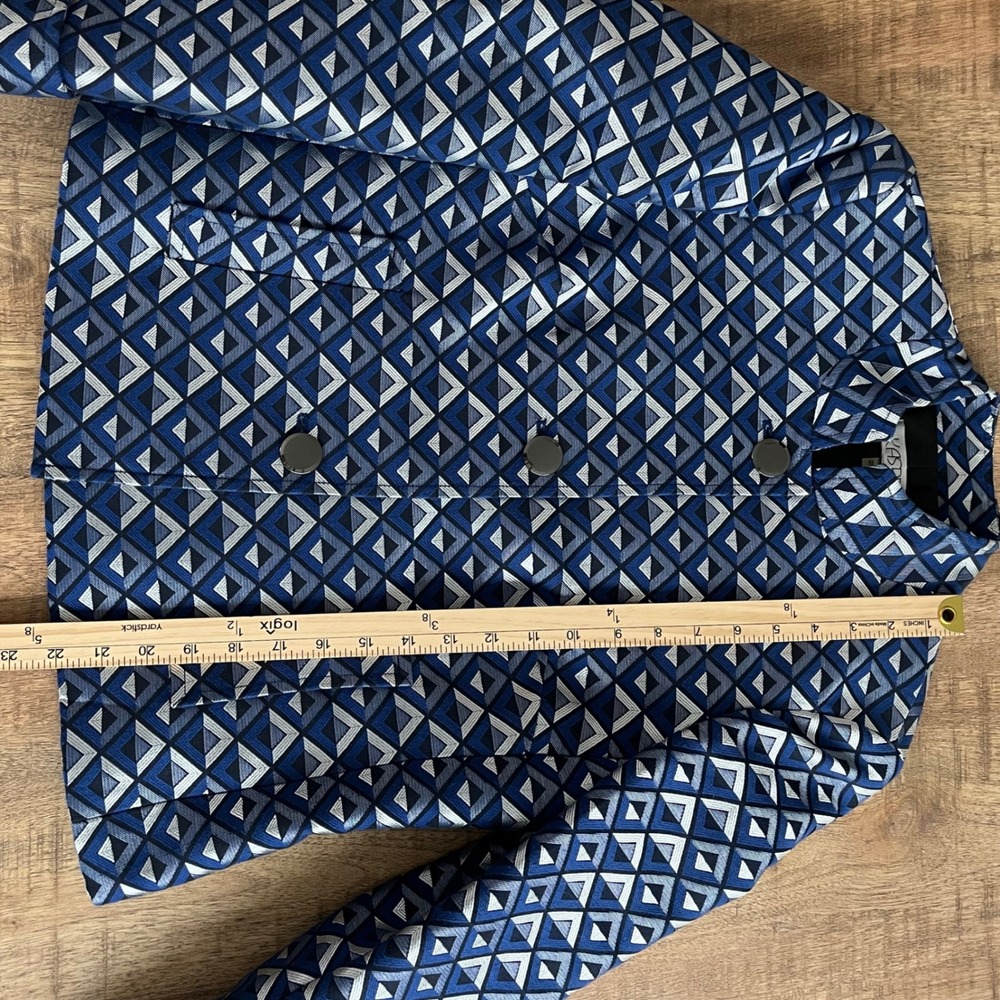 Kasper Womens Blue Geometric Triangle Jacquard Mandarin Collar Blazer Jacket 4 - Picture 7 of 10
